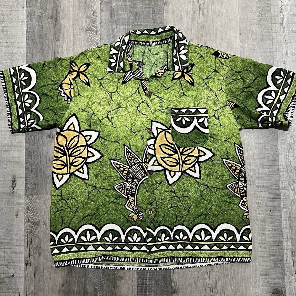 VTG 60s 70s Barkcloth Hawaiian Shirt Green Floral Leaf Button Shirt Size XL